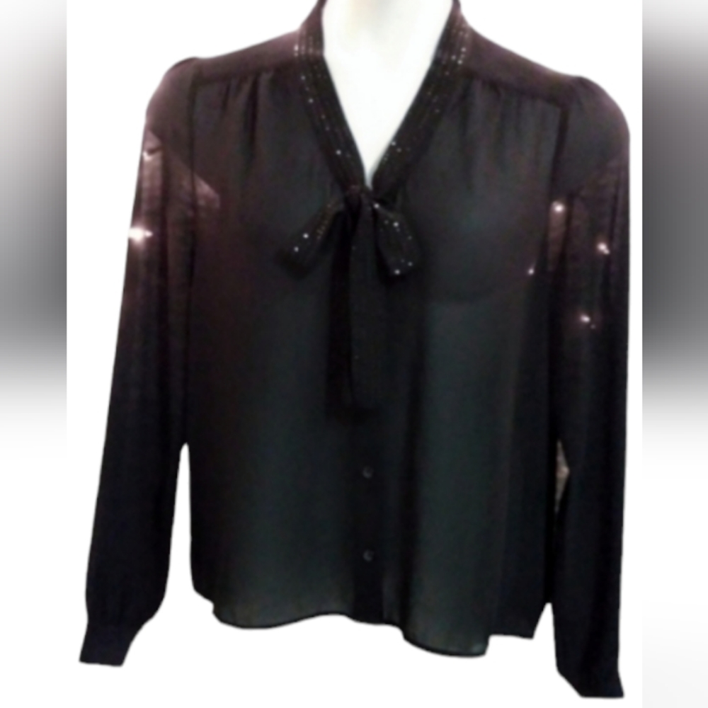 FOREVER 21 | Vintage Sheer Black Sparkle Tie Neck Button Down Top | Large